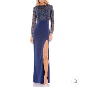 NWOT Mac Duggal embellished high neck faux wrap gown